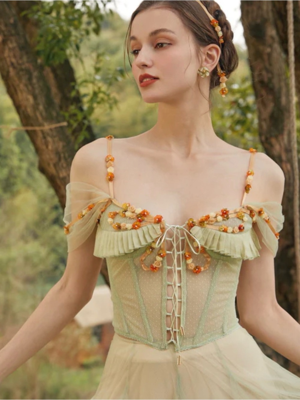 Lacemade Fairy Wildflower Green Floral Corset and Tulle Skirt Women's Size L New - Picture 2 of 14
